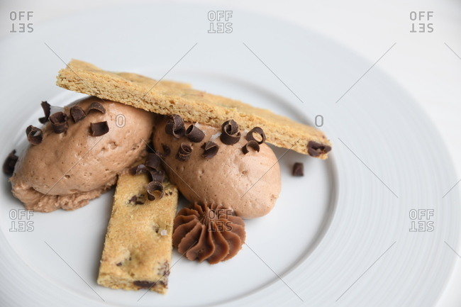 Gourmet chocolate ice cream dish with cookie bars