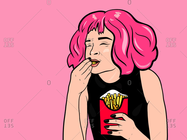 Girl with pink hair is smiling and eating french fries against pink background