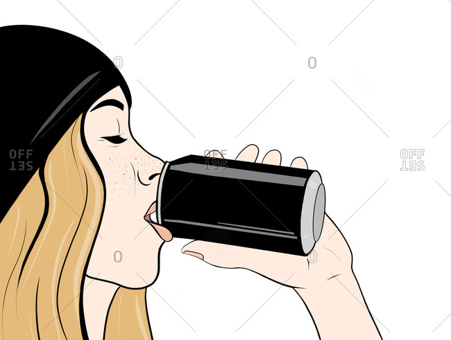 Blonde freckled girl in a black hat is drinking soda from a black can