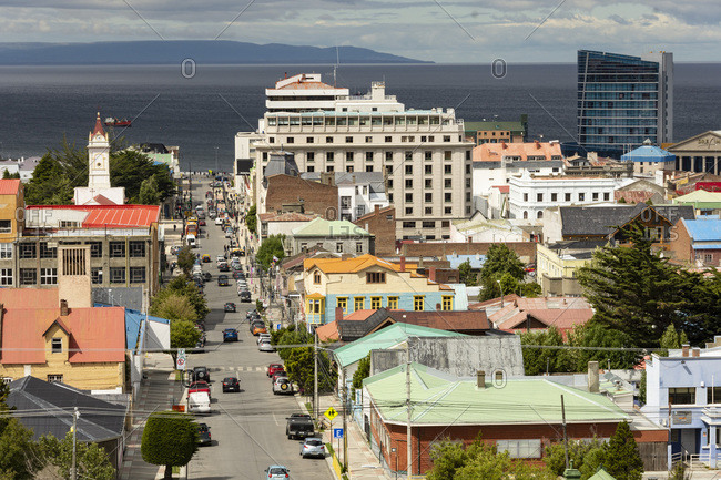 February 4, 2020: View down Avenida Independencia to Magellan Strait, Punta Arenas, Chile, South America