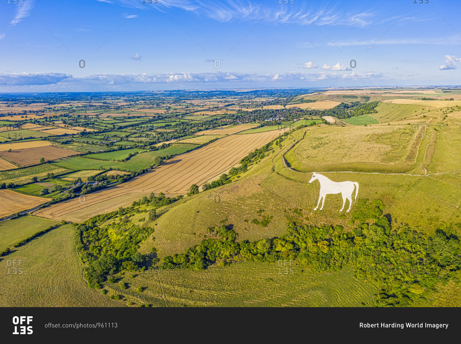 Aerial view of the famous White Horse below Bratton Camp, an Iron Age hillfort near Westbury, Wiltshire, England, United Kingdom, Europe