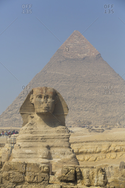 March 4, 2020: The Great Sphinx of Giza, Khafre Pyramid in the background, Great Pyramids of Giza, UNESCO World Heritage Site, Giza, Egypt, North Africa, Africa