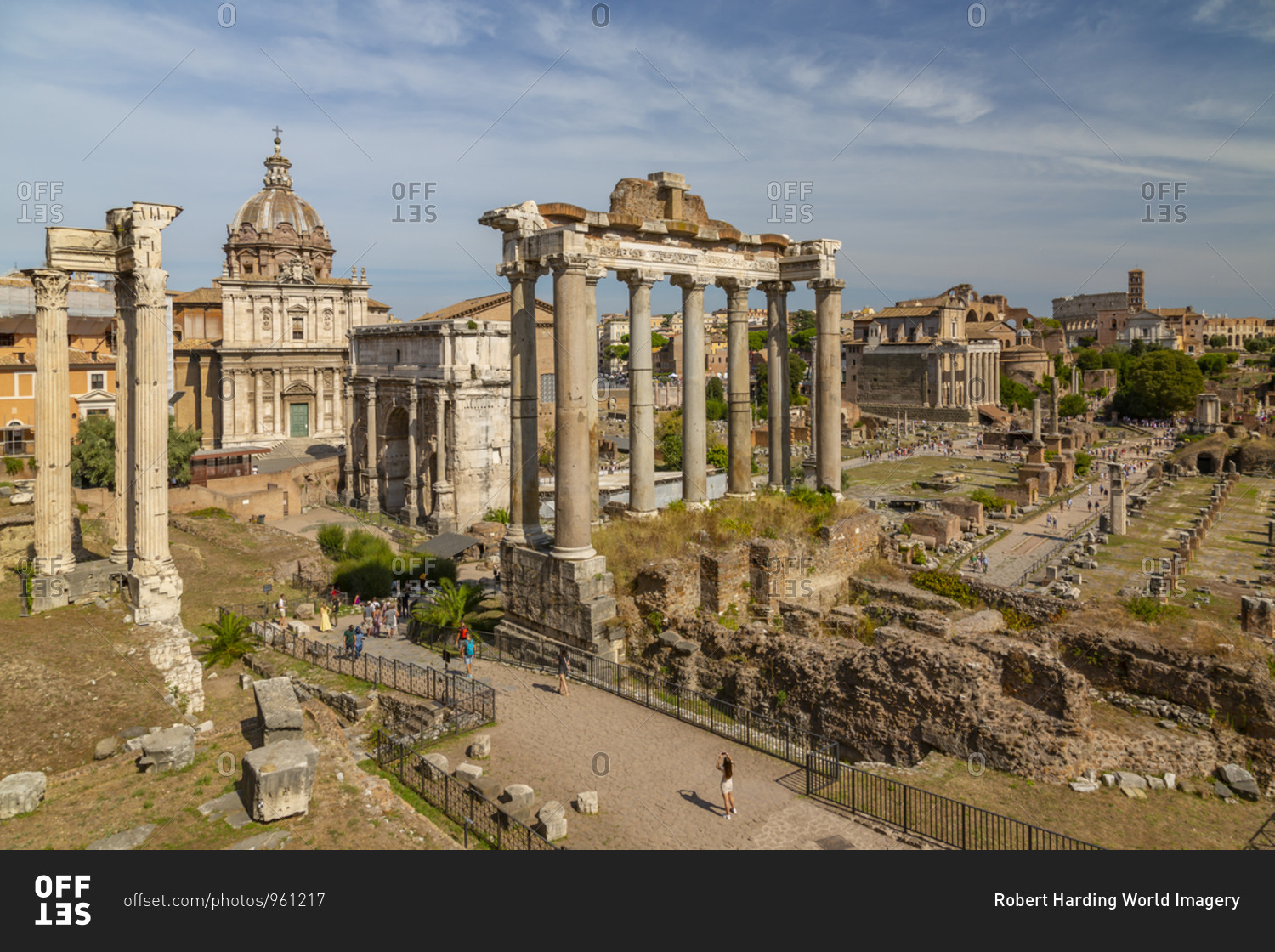 View of Roman Forum (Foro Romano), Temple of Saturn and Arch of Septimius Severus, UNESCO World Heritage Site, Rome, Lazio, Italy, Europe