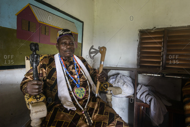 November 28,  2015: The king of Ganvie, a voodoo priest and his fetish, Benin, Africa