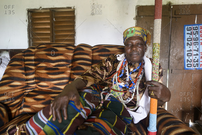 November 28,  2015: The king of Ganvie, a voodoo priest and his fetish, Benin, Africa
