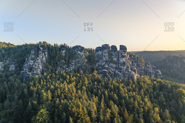 View from the Bastei on the Small Goose rock, Elbe sandstone mountains, Saxony, Germany