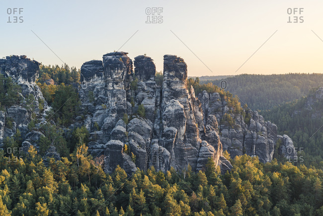 View from the Bastei on the Small Goose rock, Elbe sandstone mountains, Saxony, Germany