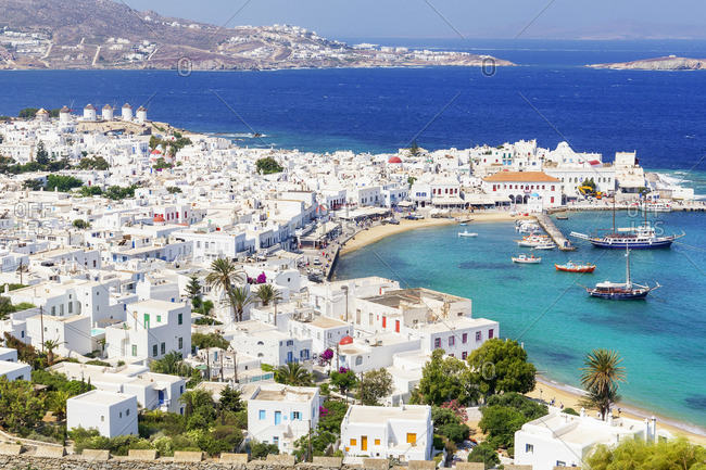 Greece - June 10, 2019: Mykonos Town, elevated view, Mykonos, Cyclades Islands, Greece