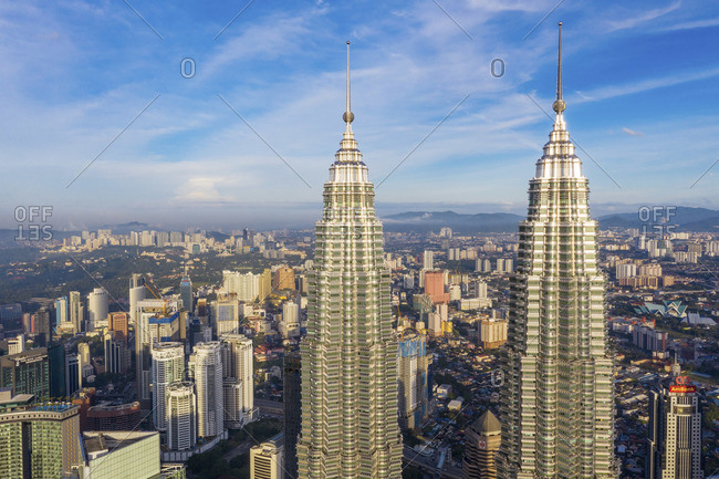 Malaysia - January 9, 2020: Petronas Towers, KLCC, Kuala Lumpur, Malaysia