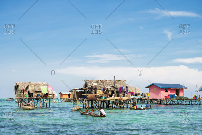 Malaysia - January 15, 2020: Still houses of the Bajau Laut sea gypsies, Bodgaya Island, Tun Sakaran Marine Park, Semporna, Sabah, Borneo, Malaysia