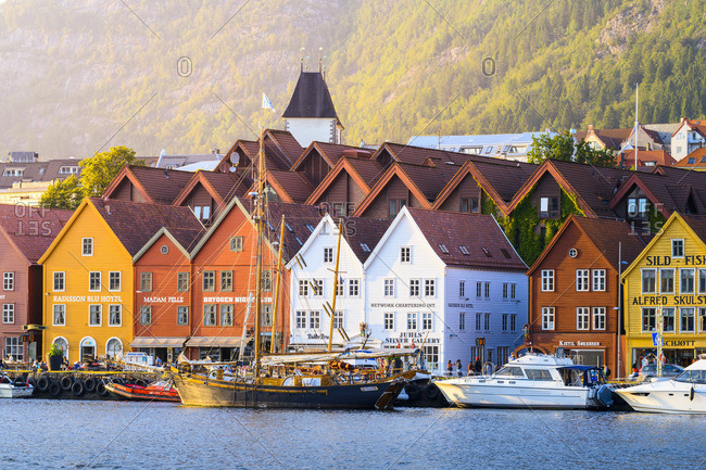 Norway - July 11, 2019: Bergen, Hordaland, Norway. Wooden houses of Bryggen, UNESCO site, former counter of the Hanseatic League.