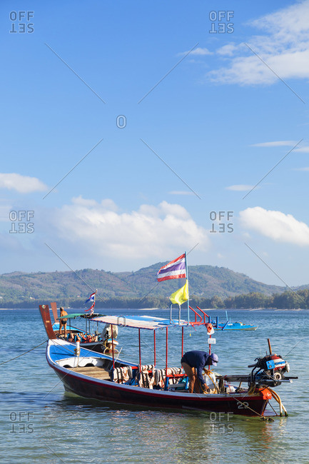 Thailand - January 23, 2020: Boats on Bang Tao Beach, Phuket, Thailand