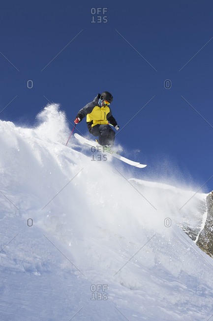 Skier moving down slopes, Saas-Fee, Valais, Switzerland
