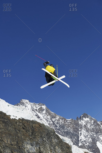 Skier in midair, Saas-Fee, Valais, Switzerland