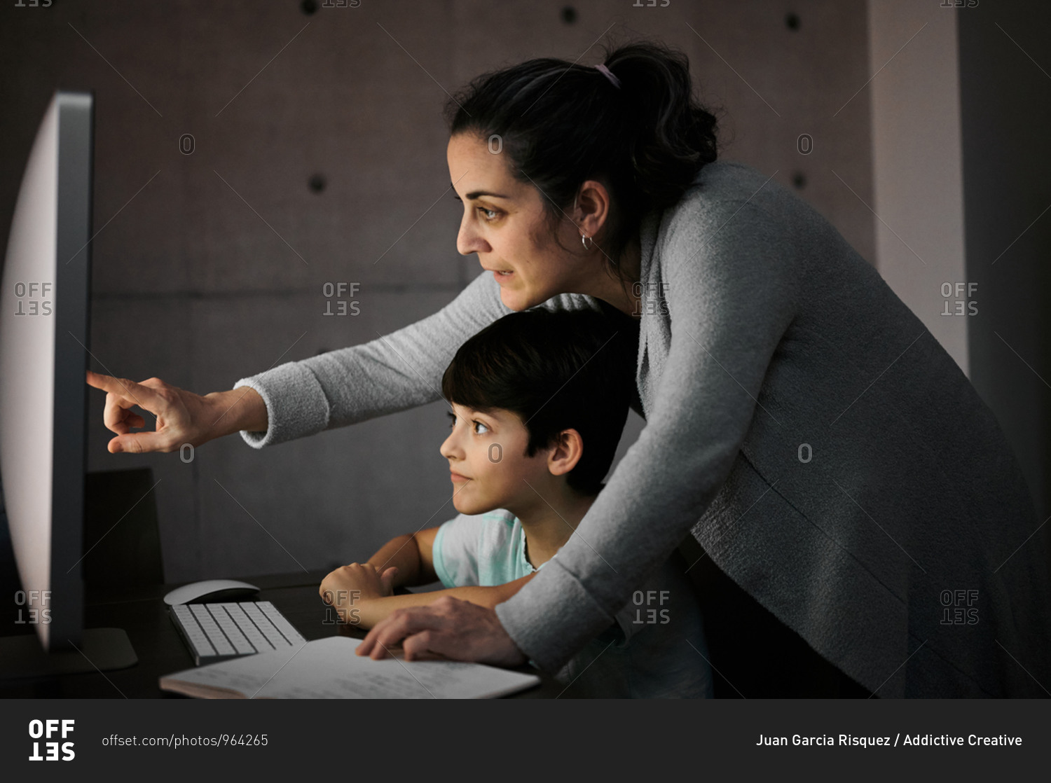 Side view of young woman explaining study task to positive son sitting at table with computer and textbook during online lesson at home