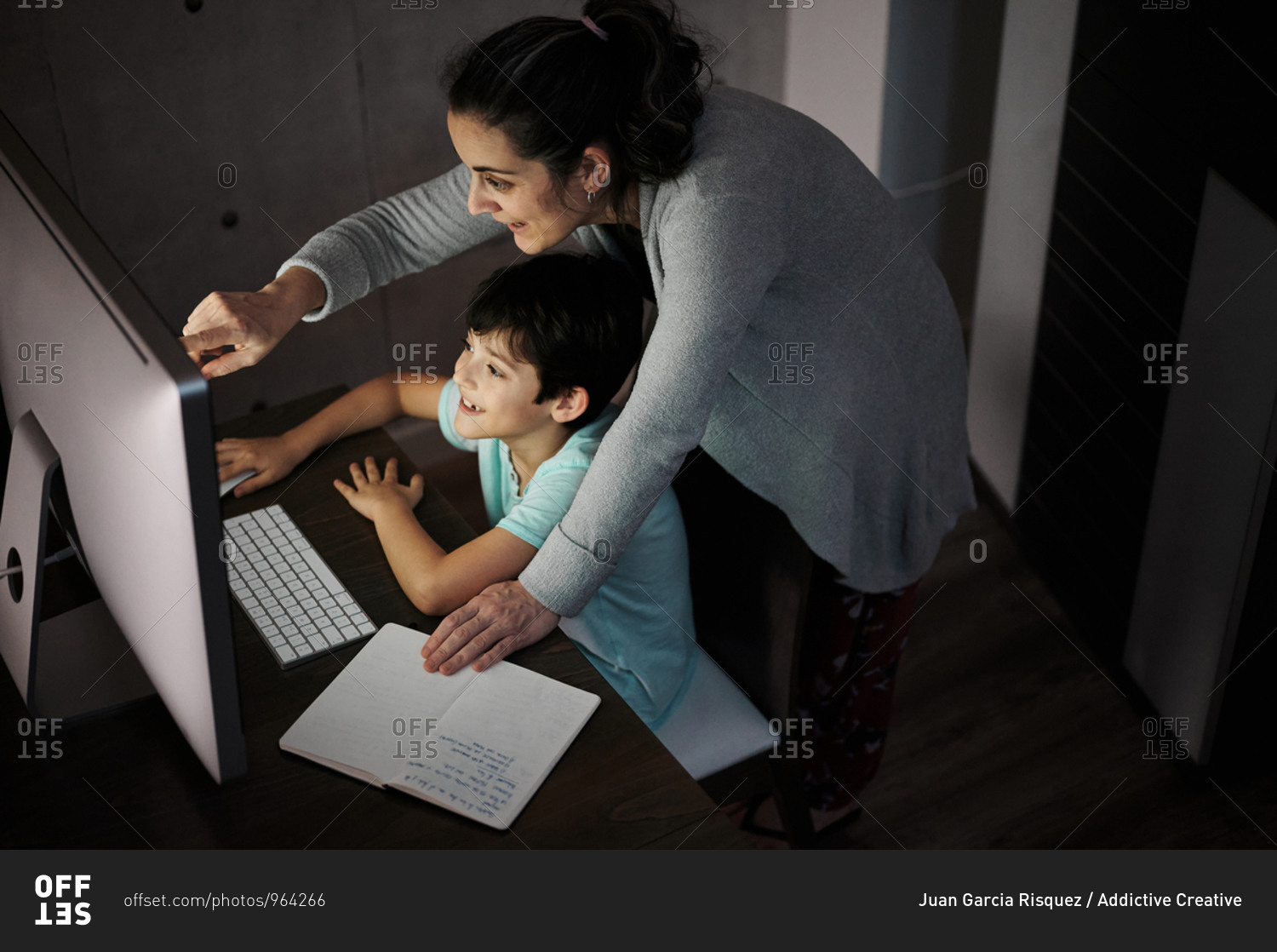 Side view of young woman explaining study task to positive son sitting at table with computer and textbook during online lesson at home