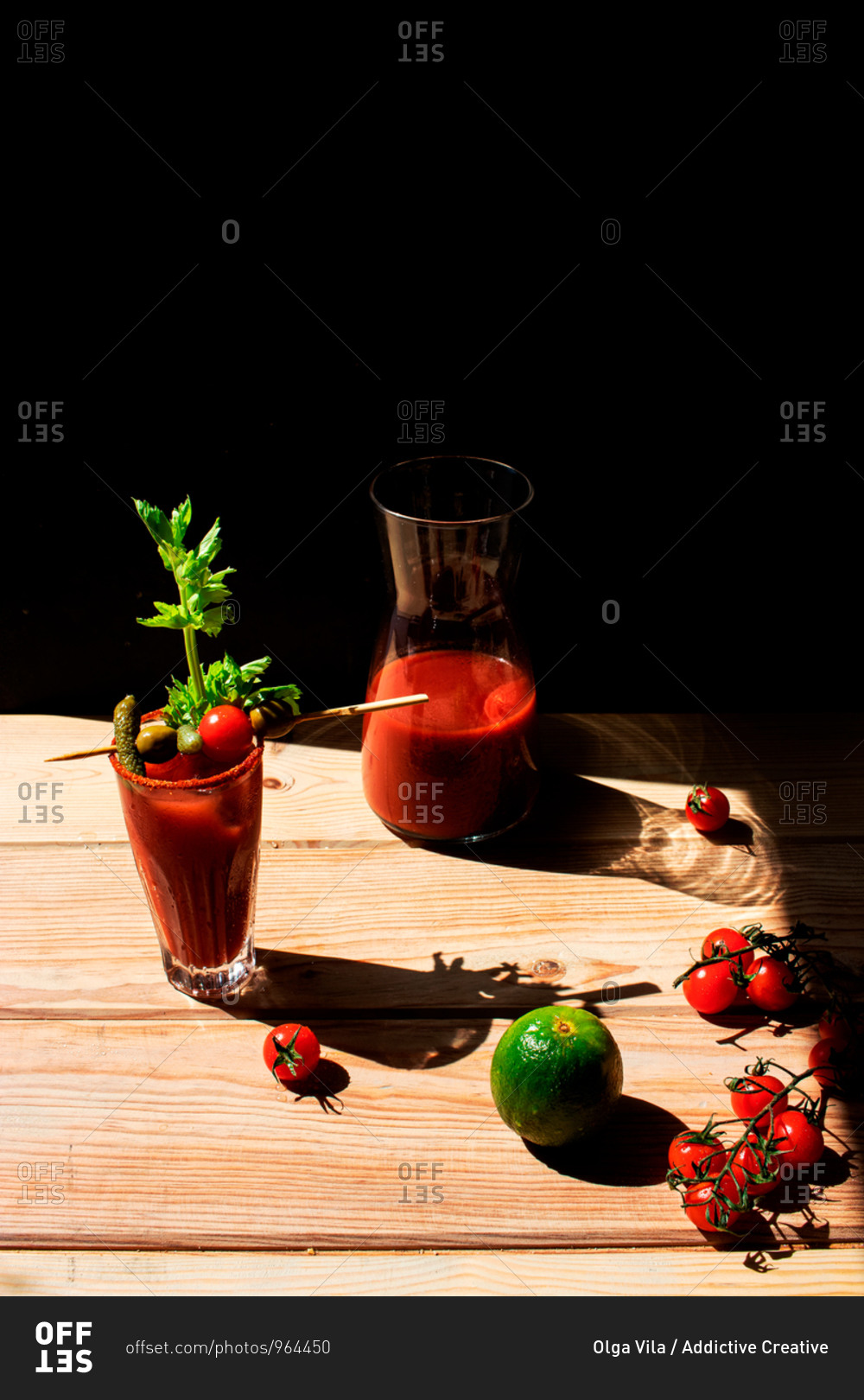 Virgin blood mary placed on a wooden table with black background