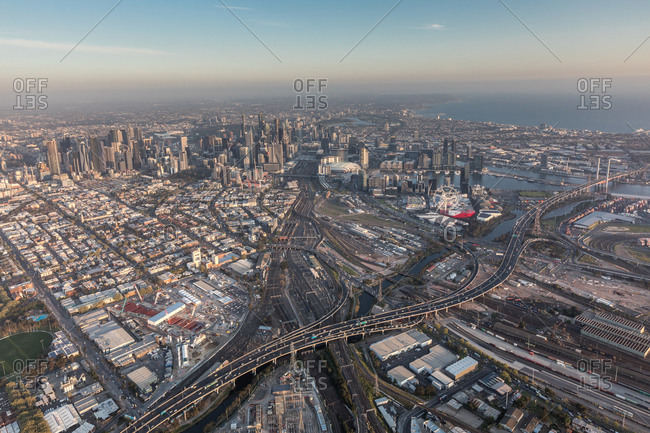 October 3, 2019: Aerial view of West Melbourne at sunset with the Melbourne CBD and Docklands in view, Austrialia.