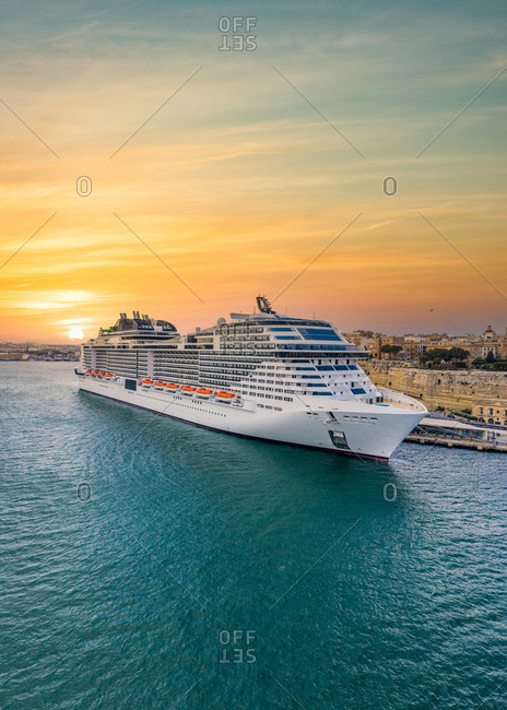 May 25, 2020: Aerial view of a cruise liner in the Grand harbor Valletta Malta at sunrise