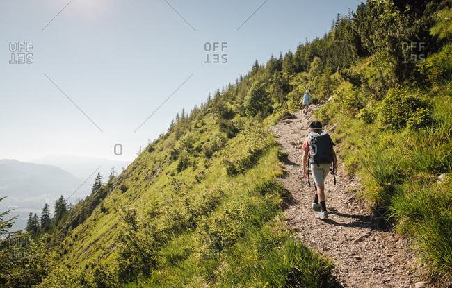 Boy hiking on trail, Bludenz, Vorarlberg, Austria