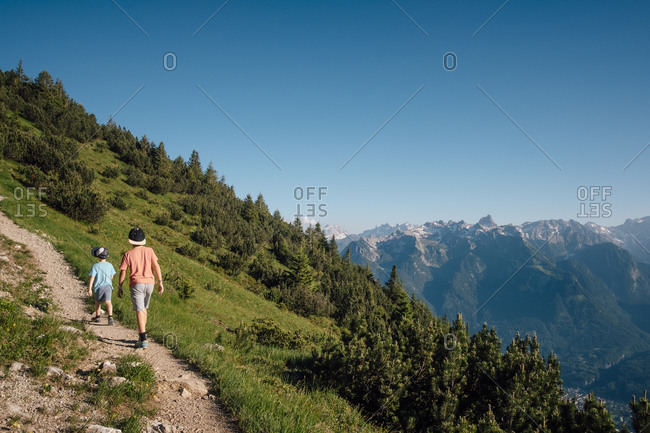 Boys hiking on trail, Bludenz, Vorarlberg, Austria