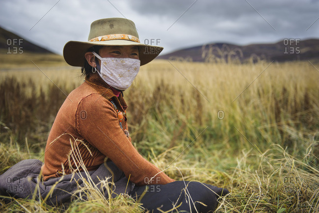 A Tibetan nomadic woman is resting while harvesting hay on the Tibetan plateau