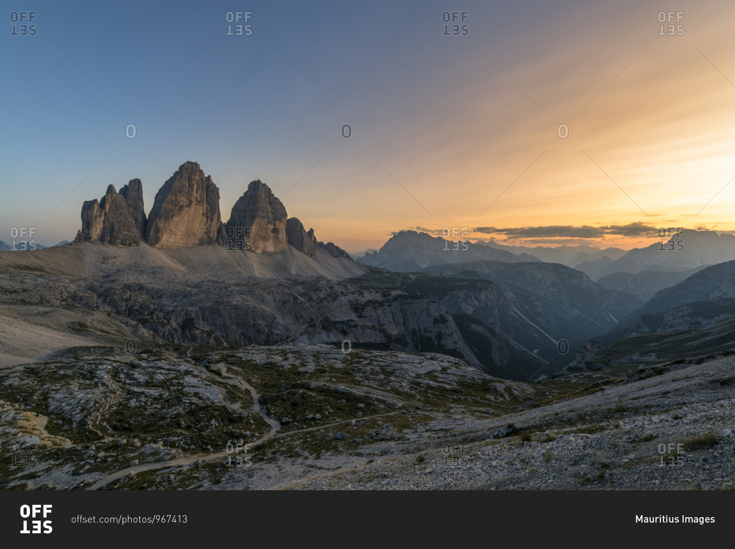 Three Peaks, View from the Tobling Knot, Sunset, Three Peaks Nature Park, Dolomites, South Tyrol, Italy