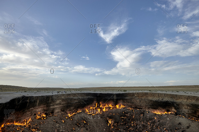 Darvaza, Turkmenistan - May 15, 2016: Tourists visiting the burning Darvaza gas crater