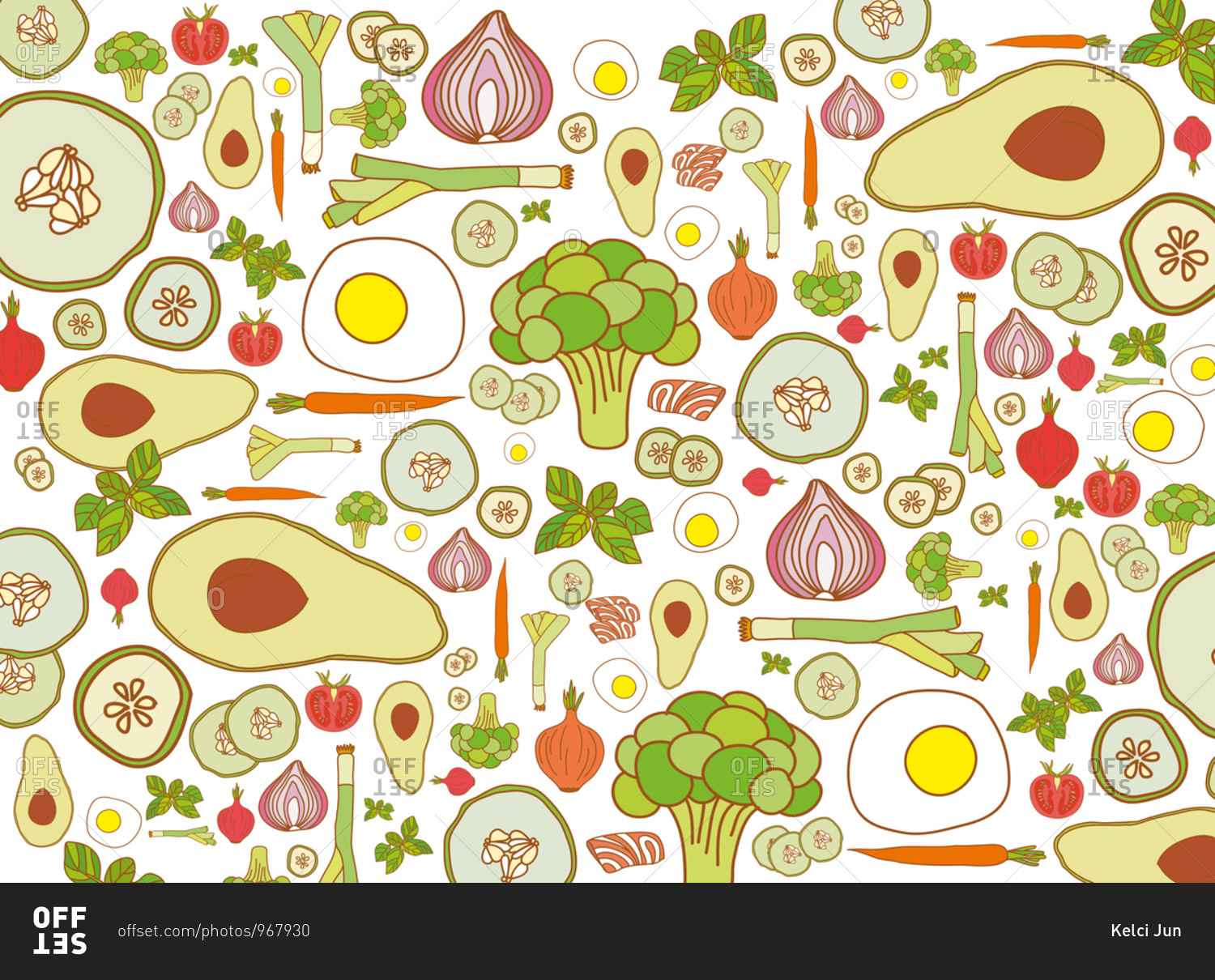 Illustration of healthy vegetables and eggs in a pattern\
stock photo - OFFSET
