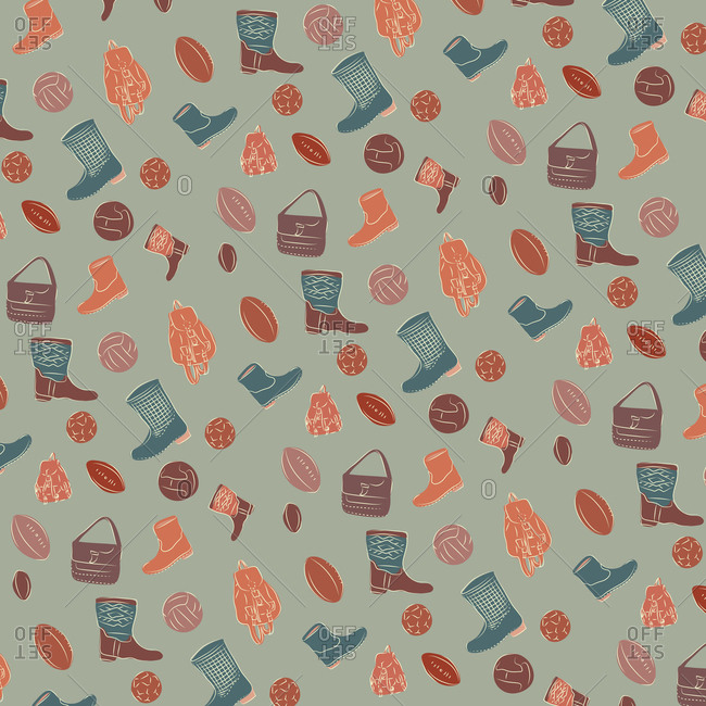 Illustration of vintage bags, boots and balls in a pattern