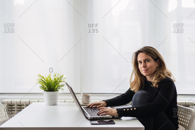 Side view of focused female specialist in casual wear working with electronic documents on laptop while sitting at table near window in modern room at home