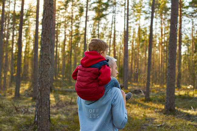 Father holding his son on his shoulders and walking through the forest