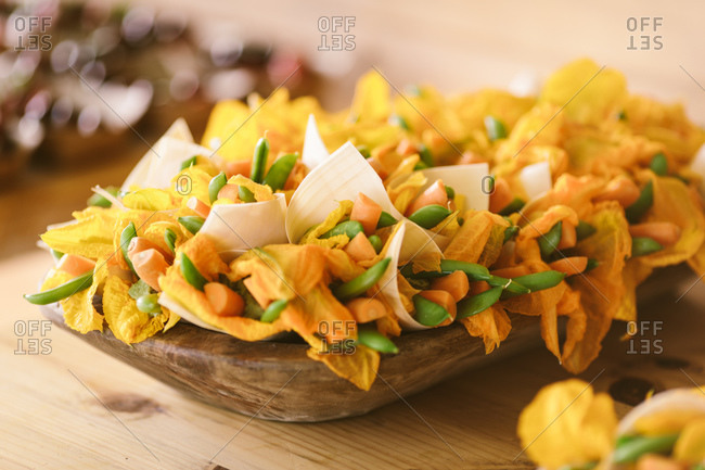 Squash flower and vegetable appetizers