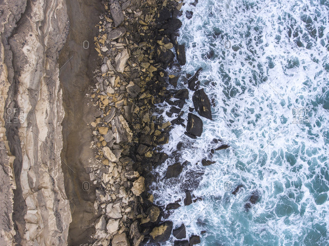 Aerial view of a rocky shore on the Atlantic Ocean