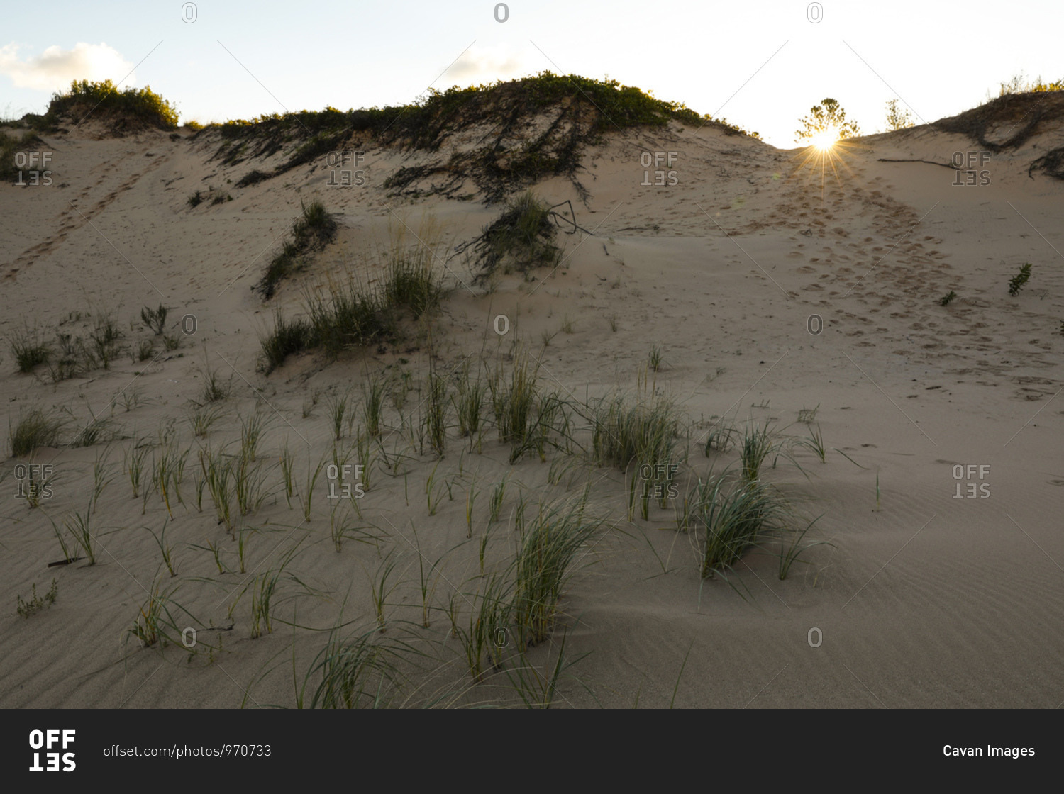 Sun setting over sand dune in Sleeping Bear Dunes National Lakeshore, Empire, Michigan, USA