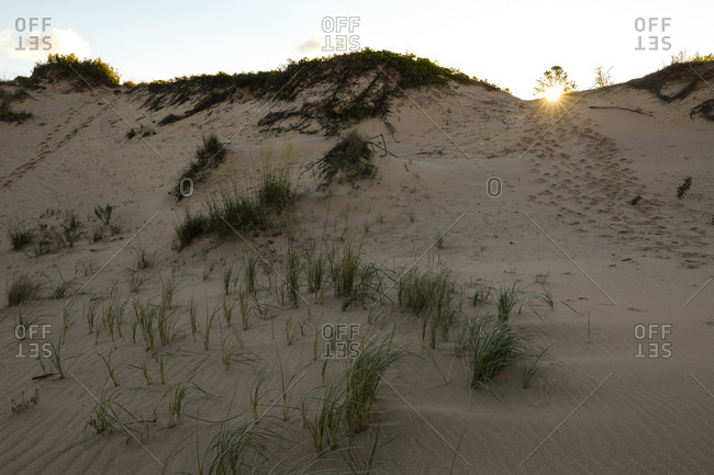 Sun setting over sand dune in Sleeping Bear Dunes National Lakeshore, Empire, Michigan, USA