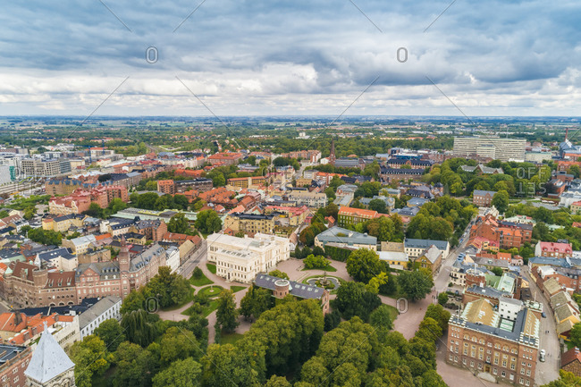 Sweden- Scania- Lund- Aerial view of historic old town with clear line of horizon in background