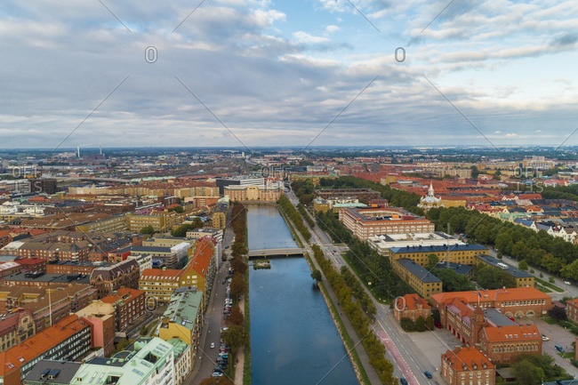 Sweden- Scania- Malmo- Aerial view of Sodra Forstadskanalen river canal at dusk