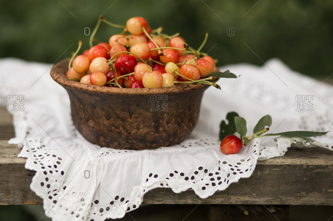 Close up of a bowl of fresh picked cherries on an outdoor bench