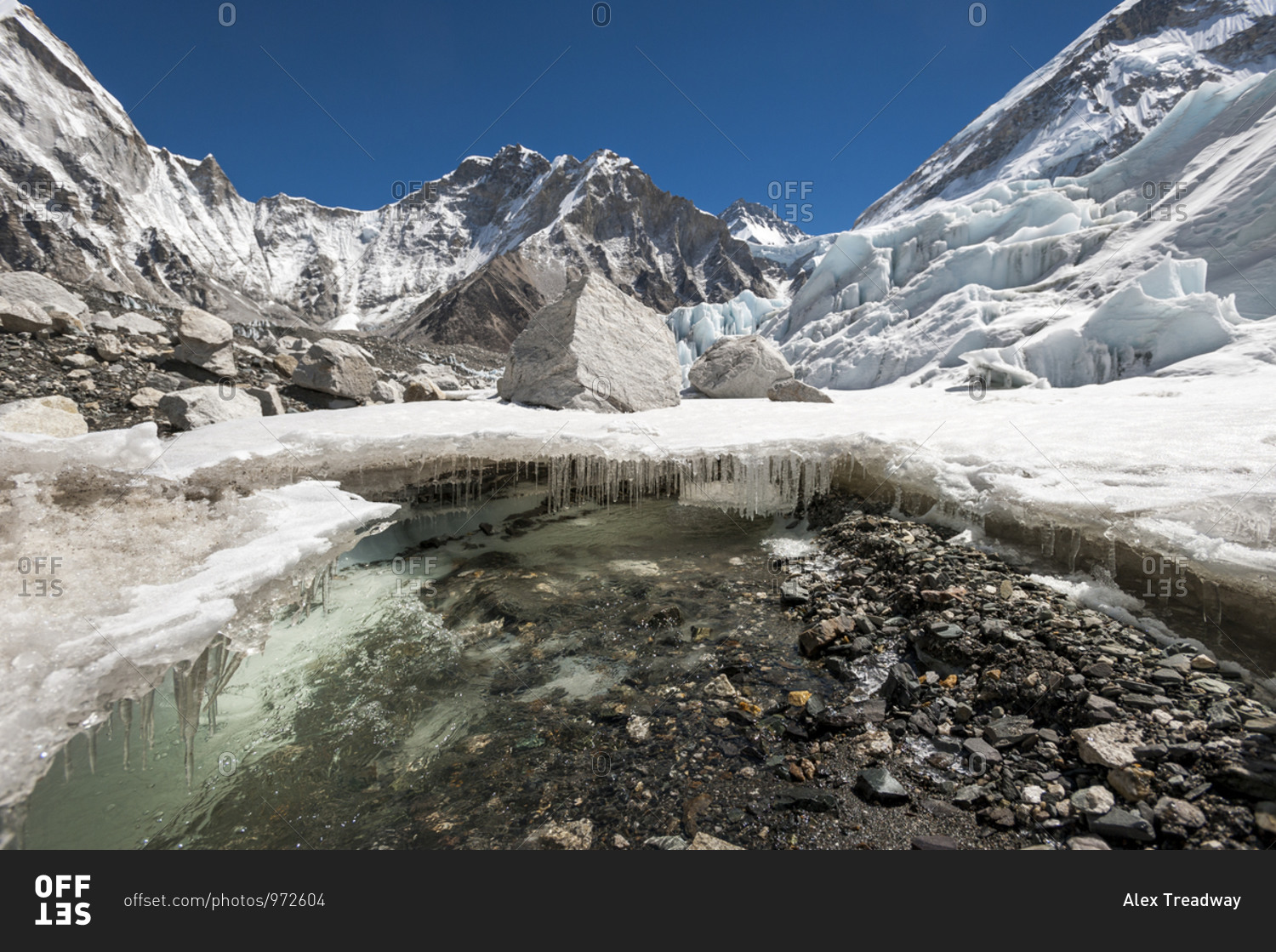 Glacial melt water forms under the Khumbu glacier as the ice melts