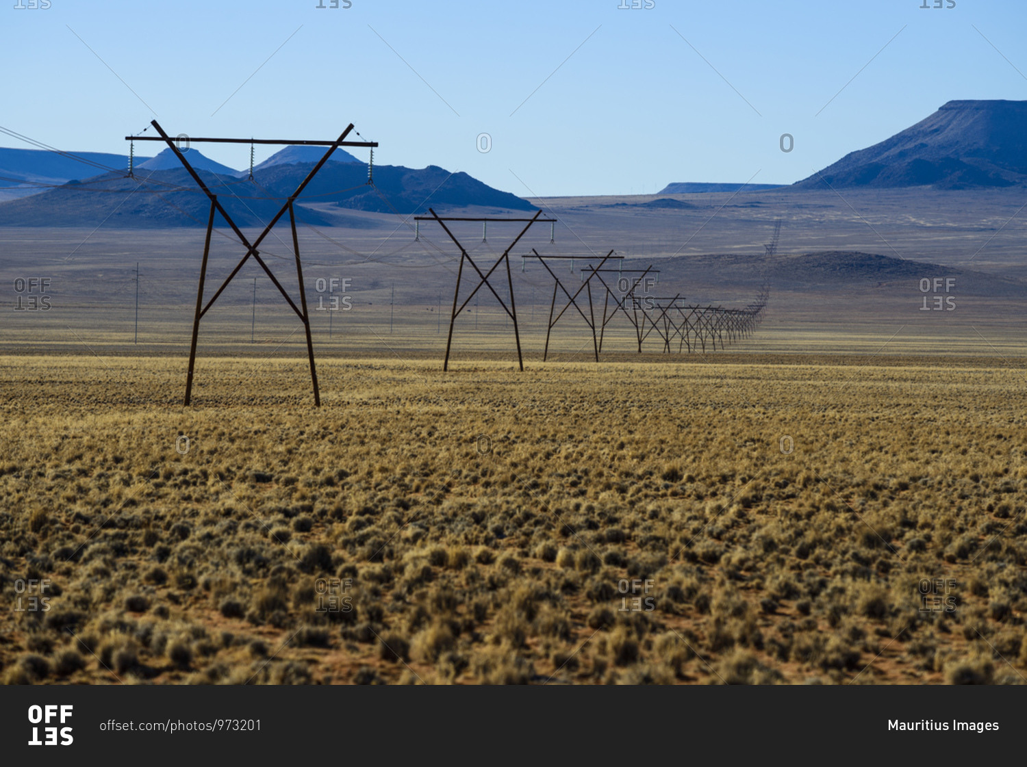 Electricity pylon through the Namibian desert, Namibia, Africa