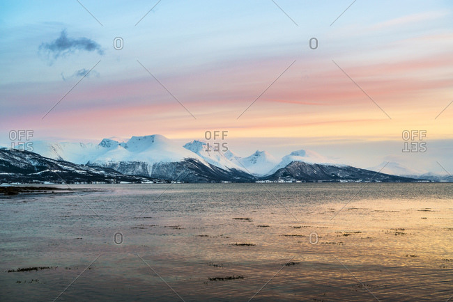 Sunset on the coast at Tisnes on Kvaloya, Norway