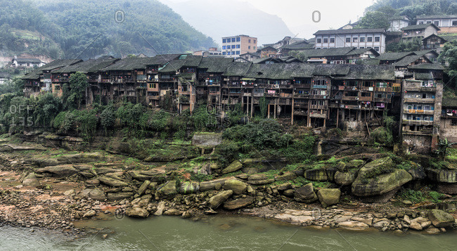 Traditional Chinese buildings in a mountain village, Guizhou Province, China