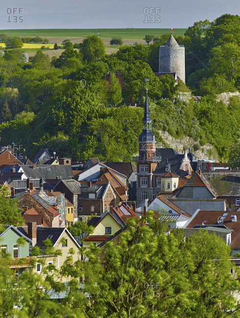 View over Camburg with town hall tower and castle, Thuringia, Germany