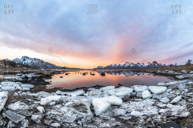 Eidsfjord and the Raeka mountain range at sunrise, Holmstad, Sortland, Vesteralen, Norway