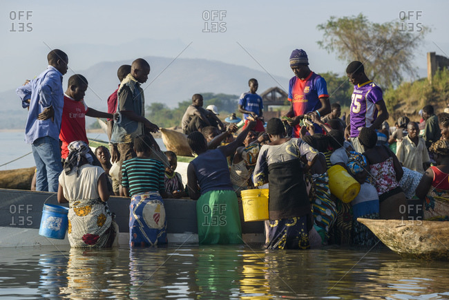 November 21, 2014: People at fish market on Lake Malawi, Malawi, Africa