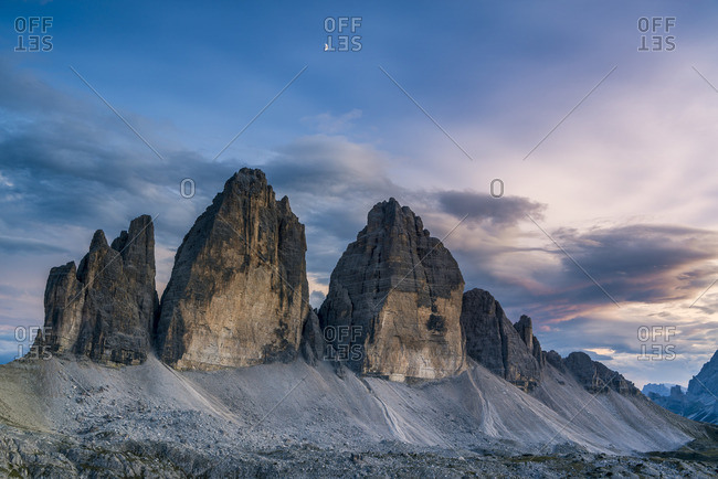 Three pinnacles at sunset, Three Peaks Nature Park, Sexten Dolomites, South Tyrol, Italy