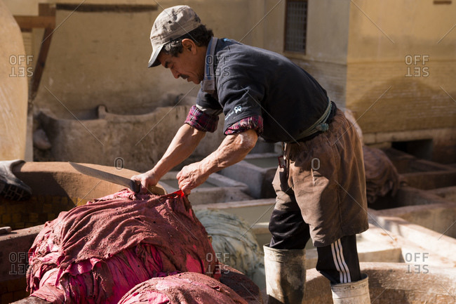 December 24, 2015: Gerber at work in the traditional tanning district of Fes, Morocco