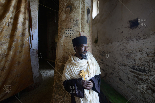 June 26, 2014: Priest of the Ethiopian Orthodox Church in the Abba Yohanni Rock Church, Tigray, Ethiopia