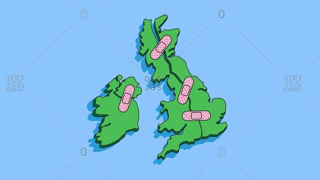 Illustration of the United Kingdom and Ireland covered in bandages